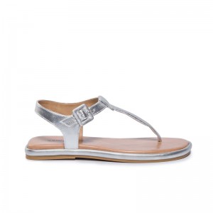Silver Women Bernardo Tucson T-Strap Flat Sandals | EOV5077XR